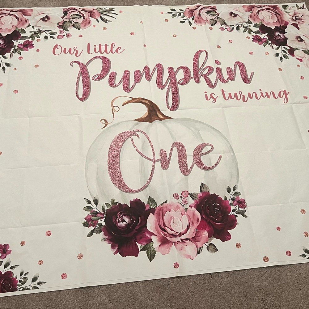 Birthday backdrop and pumpkins for 1 yr old birthday, pink,  and burgundy